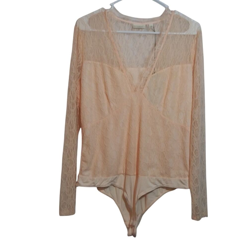 Eva Mendes Deep V Neck Lace Bodysuit Peach Long Sleeve Size L